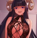  1girl :d animal_ears bare_arms bare_shoulders black_hair black_leotard blunt_bangs breasts center_opening cleavage close-up commentary curled_horns english_commentary floral_print horns huge_breasts indoors iwbitu leotard long_hair looking_at_viewer name_tag open_mouth original paid_reward_available print_leotard purple_eyes rose_print see-through sheep_ears sheep_girl smile solo upper_body 