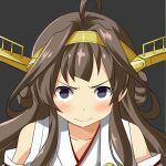  1girl ahoge be_(o-hoho) black_background black_eyes braid braided_bun brown_hair commentary_request detached_sleeves double_bun hair_bun hairband headgear kantai_collection kongou_(kancolle) long_hair nontraditional_miko portrait pout sidelocks smile solo yellow_hairband 