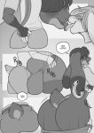  5_fingers anthro anthro_on_anthro bulge butt clothed clothing comic dipstick_ears duo english_text fingers freckles_(artist) french_kissing hair intraspecies kissing lagomorph leporid male male/male mammal monochrome multicolored_ears partially_clothed rabbit scut_tail short_tail speech_bubble tail text tongue tongue_out 