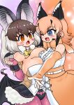  2girls animal_ears bare_shoulders bat_ears bat_girl bat_wings blue_eyes bow bowtie brown_eyes brown_hair brown_long-eared_bat_(kemono_friends) caracal_(kemono_friends) cat_ears cat_girl cat_tail edamamezooooo elbow_gloves extra_ears gloves grey_hair kemono_friends kemono_friends_v_project leotard long_hair microphone multiple_girls one_eye_closed orange_hair pantyhose shirt skirt sleeveless sleeveless_shirt tail virtual_youtuber wings 