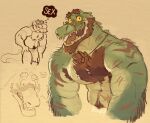  2023 abs anthro arm_hair armpit_hair armpit_tuft beard biceps blush blush_lines bodily_fluids body_hair chest_hair chest_tuft clothed clothing countershade_torso countershading crocodile crocodilian crocodylid dog_tags drooling english_text facial_hair green_body happy_trail hi_res male muscular muscular_male pecs pubes reptile saliva scalie scar sketch sketch_page smile solo standing text thrastor_(xeoniios) topless topless_anthro topless_male tuft xeoniios yellow_sclera 