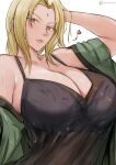  1girl absurdres black_camisole blonde_hair bra_visible_through_clothes breasts camisole cleavage coop_osen facial_mark forehead_mark heart highres huge_breasts long_hair looking_at_viewer mature_female naruto naruto_(series) orange_eyes solo tsunade_(naruto) wet white_background 