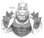  1boy animal_ears arknights bara black_tank_top covered_abs cropped_torso dog_tags facial_hair furry furry_male goatee goshiki greyscale highres large_pectorals looking_at_viewer male_focus monochrome mountain_(arknights) muscular muscular_male pectorals scar scar_across_eye short_hair smile solo spikes tank_top thick_eyebrows tiger_boy tiger_ears 