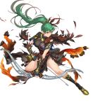 1girl arrow_(symbol) bangs bow_(weapon) breasts earrings fingerless_gloves fire_emblem fire_emblem:_the_blazing_blade fire_emblem_heroes fur_trim gloves gold_trim green_eyes green_hair hair_ornament high_ponytail highres jewelry kakage long_hair lyn_(brave_lady)_(fire_emblem) lyn_(brave_lady)_(resplendent)_(fire_emblem) lyn_(fire_emblem) non-web_source official_art ponytail quiver short_sleeves solo transparent_background weapon 