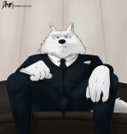  anthro bulge canid canine canis clothing diam_snow dressed_up furniture grumpy hi_res illumination_entertainment jimmy_crystal looking_at_viewer male mammal on_sofa sing_(movie) sitting sitting_on_sofa sofa solo suit wolf 