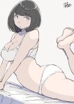 ass barefoot blue_eyes bob_cut bra breasts commentary_request hadashi_no_kenji highres looking_at_viewer medium_breasts on_bed original panties short_hair simple_background underwear white_background white_bra white_panties 