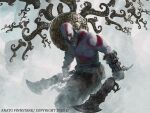  1boy anato_finnstark artist_name bald beard blades_of_chaos bodypaint chain_blades commentary copyright dated english_commentary facial_hair fantasy glowing glowing_eye god_of_war holding kratos mature_male muscular muscular_male pale_skin snow solo spartan tattoo weapon yellow_eyes 