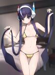  1girl alternate_costume bare_arms bedroom bikini black_hair blunt_bangs blurry blurry_background breasts cameltoe collarbone commentary_request elesa_(pokemon) hair_lift hands_up headphones highres indoors lifted_by_self looking_at_viewer navel pokemon pokemon_(game) pokemon_bw2 r_(user_pzzt2437) shiny_skin short_hair_with_long_locks solo standing swimsuit yellow_bikini 