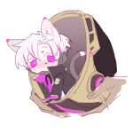  1boy animal_ear_fluff animal_ears apex_legends black_jacket black_shirt cat_boy cat_ears cat_tail chibi collared_shirt crypto_(apex_legends) four_have. hair_between_eyes helmet highres holding holding_helmet jacket kemonomimi_mode looking_at_viewer mini_person miniboy multicolored_hair necktie official_alternate_costume purple_necktie shirt solo solo_focus streaked_hair tail technocrat_crypto 