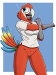  &lt;3 absurd_res anthro avian bird bottomless clothed clothing cute_expression female fish_birb genitals hi_res macaw neotropical_parrot parrot polo_shirt pussy samantha_(fish_birb) shirt solo stretching topwear true_parrot 