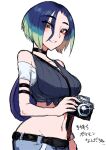  1girl bare_shoulders blue_hair bob_cut brown_eyes camera choker crop_top green_hair highres holding holding_camera ichigai_(hayawossan) looking_at_viewer loose_hair_strand midriff multicolored_hair navel off-shoulder_shirt off_shoulder perrin_(pokemon) photographer pink_eyeliner pokemon pokemon_(game) pokemon_sv shirt short_hair short_sleeves smile solo 