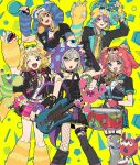  2boys 3girls :d :o animal_hat asymmetrical_legwear bass_guitar blonde_hair blue_eyes bnna-0208 brown_eyes brown_hair choker creature dress_shirt drum drumsticks fangs fingerless_gloves gloves green_eyes grey_hair hat hibiku_twilight_parade_(project_sekai) highres hinomori_shiho holding holding_drumsticks instrument jacket jewelry kagamine_rin kamishiro_rui mochizuki_honami multicolored_hair multiple_boys multiple_girls necklace necktie one_eye_closed project_sekai purple_hair shirt short_hair skirt smile socks_over_fishnets streaked_hair tambourine tenma_tsukasa thighhighs vocaloid wonderlands_x_showtime_rin yellow_eyes 