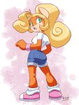  2023 activision anthro blonde_hair breasts clothing coco_bandicoot crash_bandicoot_(series) female footwear hair hi_res looking_at_viewer looking_back looking_back_at_viewer mammal marsupial orange_body rongs1234 shoes signature simple_background solo 