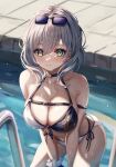  1girl arm_strap bare_shoulders bikini blush breasts cleavage closed_mouth collarbone commentary_request eyewear_on_head green_eyes grey_hair hair_between_eyes highres hololive large_breasts light_smile looking_at_viewer medium_hair official_alternate_costume pool pool_ladder sa-ya2 shirogane_noel shirogane_noel_(summer_2020) side-tie_bikini_bottom solo standing sunglasses swimsuit virtual_youtuber wet white_bikini 