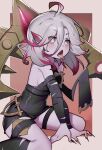  1girl ahoge black_nails breasts briar_(league_of_legends) colored_sclera colored_skin eucalyptus_(zrnf5228) fingernails grey_hair hair_between_eyes highres league_of_legends long_hair looking_ahead multicolored_hair open_mouth pink_hair pointy_ears red_sclera sharp_fingernails sharp_teeth sideboob sidelocks simple_background sitting solo streaked_hair teeth tongue tongue_out two-tone_hair vampire white_eyes 