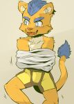  absurd_res anthro blue_eyes blue_hair blush clothed clothing clothing_lift felid fur gabobon05 hair hi_res inner_ear_fluff lion male mammal open_mouth pantherine shirt shirt_lift smile solo tail topwear tuft underwear yellow_body yellow_fur young 