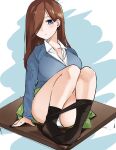  1girl alternate_hairstyle black_pantyhose blue_background blue_eyes blue_sweater blush breasts brown_hair clothes_pull dress_shirt earrings feet full_body go-toubun_no_hanayome green_skirt hair_over_one_eye head_tilt highres hoop_earrings jewelry knees_up large_breasts long_sleeves looking_at_viewer mame1645 miniskirt nakano_miku no_shoes one_eye_covered panties panty_peek pantyhose pantyhose_pull parted_lips school_uniform shirt simple_background sitting sketch skirt solo straight_hair sweater thighs underwear white_background white_panties white_shirt 