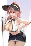  1girl absurdres azur_lane bare_shoulders black_headwear black_skirt blush breasts brown_hair cleavage clemenceau_(azur_lane) clemenceau_(splendid_breeze)_(azur_lane) closed_mouth collarbone collared_shirt commentary cowboy_shot crop_top gloves golf_club hair_between_eyes hand_on_own_hip highres holding holding_golf_club large_breasts leaning_forward long_hair midriff navel official_alternate_costume official_alternate_hairstyle pencil_skirt ponytail red_eyes shirt sidelocks skirt sleeveless sleeveless_shirt smile solo standing sweat takune019 visor_cap white_gloves white_shirt 