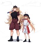  2girls absurdres ahoge artoria_caster_(fate) artoria_pendragon_(fate) barghest_(fate) baseball_bat baseball_cap baseball_uniform black_headwear black_shirt blonde_hair blush breasts brown_shorts bubble_blowing chewing_gum fate/grand_order fate_(series) full_body green_eyes hat height_difference highres horns huge_breasts long_hair multiple_girls obazzotto red_shorts shirt shoes short_hair shorts small_breasts sneakers sportswear twintails very_long_hair white_shirt white_shorts 