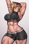  1girl abs absurdres arm_behind_head arms_up biceps black_shorts black_sports_bra blonde_hair blush breasts brown_hair commission green_eyes highres large_breasts multicolored_hair muscular muscular_female navel original parted_lips roadi3 short_hair shorts solo sports_bra sweat 