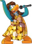 absurd_res avian bird blue_body brown_hair clothing club_penguin dress female floral_dress full-length_portrait hair hi_res holding_microphone holding_object jewelry long_hair looking_at_viewer mckenzie_(club_penguin) microphone necklace official_art open_mouth orange_clothing orange_dress penguin pigtails portrait solo unknown_artist upper_teeth_only 