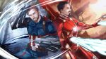  2boys absurdres arc_reactor arethusa_smile armor avengers:_infinity_war avengers_(series) beard belt black_hair blue_bodysuit blue_eyes blue_sky bodysuit brown_belt brown_eyes brown_hair captain_america facial_hair full_armor hands_up highres iron_man male_focus marvel marvel_cinematic_universe mechanical_wings multicolored_armor multiple_boys power_armor red_armor short_hair sky standing star_(symbol) steve_rogers striped superhero teeth tony_stark v-shaped_eyebrows wings yellow_armor yellow_sky 