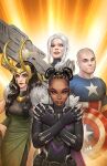  1boy 3girls bald black_hair cable_(marvel) captain_america dark-skinned_female dark_skin david_nakayama highres horns key_visual lady_loki loki_(marvel) long_hair marvel multiple_girls official_art promotional_art real_life realistic shield shuri simple_background very_dark_skin white_hair x-men 