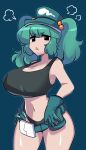  1girl =3 absurdres bare_shoulders black_eyes blue_background blue_hair blush breasts cleavage commentary contrapposto cowboy_shot crop_top glaring gloves hair_bobbles hair_ornament hand_on_own_hip highres huge_breasts kawashiro_nitori long_hair midriff missandydandy navel open_mouth outline sideboob solo symbol-only_commentary thick_thighs thighs touhou triangle_mouth two_side_up v-shaped_eyebrows 