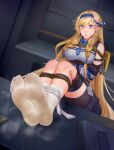  1girl absurdres arknights arms_behind_back bdsm blonde_hair blue_eyes blue_hairband blue_necktie bondage bound bound_legs breasts hairband highres horns indoors large_breasts long_hair looking_at_viewer necktie no_shoes parted_lips pointy_ears rope saileach_(arknights) socks solo thighs very_long_hair white_socks yuehei_dao 