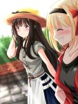  2girls belt black_bow black_hair black_shirt blonde_hair blurry blurry_background bow brown_belt closed_eyes commentary_request dating grey_shirt grin hair_ribbon hat hat_bow highres inoue_takina jacket long_hair looking_at_another lycoris_recoil multiple_girls nishikigi_chisato purple_eyes red_jacket red_ribbon ribbon road shirt short_hair smile street yellow_headwear zakiwo_(rrxn8224) 
