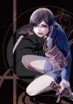  1boy absurdres armor black_background black_gloves black_hair blue_shirt blue_shorts gloves highres holding holding_sheath japanese_armor kuroha_dayo long_sleeves male_focus military_uniform open_mouth purple_eyes sheath shirt short_hair short_sword shorts shoulder_armor sode solo squatting sword tantou teeth touken_ranbu uniform weapon yagen_toushirou 