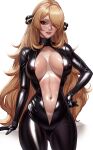  1girl areola_slip black_bodysuit blonde_hair bodysuit breasts cowboy_shot cynthia_(pokemon) grey_eyes hair_ornament hair_over_one_eye hand_on_own_hip highres large_breasts lips long_hair looking_at_viewer navel open_bodysuit open_clothes parted_lips pokemon pokemon_(game) pokemon_dppt solo stomach very_long_hair volyz zipper 