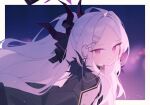  1girl ahoge black_coat blue_archive border closed_mouth coat commentary demon_girl demon_horns doribae from_side halo highres hina_(blue_archive) horns long_hair looking_at_viewer outside_border purple_eyes solo symbol-only_commentary upper_body white_border white_hair 