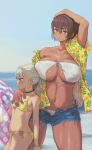  2girls beach bikini blonde_hair blue_eyes breasts bright_pupils brown_hair collarbone covered_nipples dark-skinned_female dark_skin day hand_on_another&#039;s_chest height_difference highres huge_breasts kei_(m_k) m_k multiple_girls ocean original outdoors petite ponytail red_eyes rika_(m_k) short_hair short_shorts shorts stomach sweat swimsuit tall tall_female white_pupils yuri 