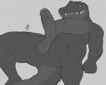  2022 5_fingers aetius_(character) anthro anus balls crocodilian digital_drawing_(artwork) digital_media_(artwork) erection fingers foreskin genitals glans humanoid_genitalia humanoid_penis looking_at_viewer lying male monochrome muscular muscular_anthro muscular_male on_back penis pupils reptile sarquiat scalie simple_background slit_pupils solo tail teeth 