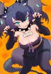  1girl animal_ears bare_shoulders big_hair black_gloves black_hair black_pantyhose blue_eyes blue_hair breasts cerberus_(kemono_friends) claw_pose collar commentary cowboy_shot cutoff_jeans cutoffs denim denim_shorts dog_ears dog_girl elbow_gloves fingerless_gloves gloves highres k.k.k. kemono_friends kemono_friends_3 lizard_tail multicolored_hair pantyhose purple_eyes purple_shirt scar scar_across_eye shirt short_shorts shorts sleeveless solo spiked_collar spikes strapless tail tube_top 