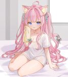  1girl absurdres ahoge animal_ear_fluff animal_ears blue_bow blue_eyes blue_hair blue_ribbon bow breasts cat_ears cat_girl cleavage commission dress hair_ornament hair_ribbon hairpin highres indie_virtual_youtuber itigori_ena long_hair looking_at_viewer on_bed open_mouth pink_hair ribbon saekiya_sabou shirt skeb_commission sweat tail tail_ornament tail_ribbon towel twintails virtual_youtuber white_shirt 
