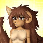  1:1 anthro apogee_(tinygaypirate) breasts brown_body brown_fur brown_hair canid canine canis digital_media_(artwork) domestic_dog ear_piercing facial_piercing female fur hair hi_res long_hair looking_at_viewer mammal onetruefanatyk piercing simple_background smile solo tail tattoo 