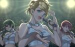  3girls amenoimo arm_up blonde_hair blue_eyes breasts collarbone highres holding holding_microphone lisa_silverman looking_at_viewer microphone multiple_girls nail_polish navel open_mouth persona persona_2 short_hair smile sweat zipper_pull_tab 