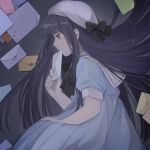  1girl beret black_hair blue_dress commentary_request covering_mouth dear_itu dress envelope expressionless hat hat_ribbon highres holding holding_envelope inu_x_boku_ss letter long_hair lying on_side purple_eyes ribbon sailor_collar shirakiin_ririchiyo short_sleeves solo white_headwear 