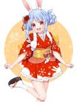  1girl 2020 absurdres animal_ear_fluff animal_ears blue_hair blush border breasts carrot commentary don-chan_(usada_pekora) double_bun english_text foot_out_of_frame foot_up fur_scarf hair_bun hair_ornament happy_new_year highres hikimayu hololive japanese_clothes kimono looking_at_viewer multicolored_hair obijime okobo open_mouth orange_eyes outside_border pom_pom_(clothes) rabbit-shaped_pupils rabbit_ears rabbit_girl red_kimono sash short_eyebrows short_hair_with_long_locks short_kimono sidelocks small_breasts socks solo streaked_hair symbol-shaped_pupils tabi teeth thick_eyebrows tomozu upper_teeth_only usada_pekora virtual_youtuber white_border white_hair white_socks yellow_background yellow_sash 