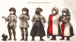  armor belt boots braid brown_hair collarbone full_body gambeson gloves habit helmet highres holding ironlily kettle_helm medieval mid_neutral_sister_(ironlily) multiple_girls ordo_mediare_sisters_(ironlily) pantaloons short_hair_sister_(ironlily) surcoat twin_braids_sister_(ironlily) 