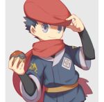  1boy black_hair black_shirt closed_mouth commentary_request grey_background grey_eyes grey_jacket hand_on_headwear hands_up hat holding holding_poke_ball jacket logo lowres male_focus pillarboxed poke_ball poke_ball_(legends) pokemon pokemon_(game) pokemon_legends:_arceus red_headwear red_scarf rei_(pokemon) scarf shirt short_hair smile solo upper_body wusagi2 