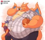  2023 anthro anthrofied autumn belly belly_smother belly_squish beverage bottomwear charizard clothed clothing coffee drinking duo fire flaming_tail food frown fruit fur generation_1_pokemon generation_2_pokemon hi_res holding_object horn male moobs morbidly_obese morbidly_obese_anthro morbidly_obese_male nintendo obese obese_anthro obese_male overweight overweight_anthro overweight_male pants patreon plant pokemon pokemon_(species) pokemorph pumpkin shirt size_difference smile squish standing stompsthecroc sweater tail tail_coil text topwear tuft twitch.tv typhlosion url watermark wings 