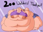  2018 4:3 5_fingers anthro areola bar_emanata batspid2 big_breasts biped blue_clothing bottomwear breasts cel_shading cleavage clothed clothing crop_top cutoffs denim denim_clothing digital_drawing_(artwork) digital_media_(artwork) emanata english_text exclamation eyebrows eyelashes female fingers flabby_arms follower_number food frill_(anatomy) front_view full-length_portrait gesture head_crest head_frill holding_food holding_object huge_breasts huge_thighs hyper hyper_hips hyper_thighs ineffective_clothing juna_(batspid2) lizard membrane_(anatomy) membranous_frill midriff morbidly_obese morbidly_obese_anthro morbidly_obese_female navel nipples obese obese_anthro obese_female open_mouth overweight overweight_anthro overweight_female pattern_background pink_body pink_skin portrait puffy_nipples purple_clothing purple_eyes reptile scalie shaded shirt shorts side_boob signature simple_background solo standing striped_background tail tan_areola tan_nipples text thick_thighs three-quarter_view tight_clothing topwear under_boob v_sign 