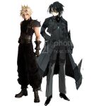  2boys aqua_eyes armor baggy_pants bandaged_arm bandages black_footwear blonde_hair blue_pants blue_shirt boots buster_sword cloud_strife dual_persona final_fantasy final_fantasy_vii full_body gradient_background hair_between_eyes highres holding holding_sword holding_weapon jacket looking_at_viewer male_focus multiple_boys on_motorcycle pants personification pokemon shirt short_hair shoulder_armor single_bare_shoulder sleeveless sleeveless_turtleneck spiked_hair sunglasses suspenders sword tinted_eyewear toned toned_male turtleneck weapon yara_kami_meiosei yellow_eyes zekrom 