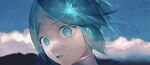  1other aqua_eyes aqua_hair blue_sky colored_eyelashes crystal_hair day eye_reflection gem_uniform_(houseki_no_kuni) highres houseki_no_kuni huli_xiaobai looking_at_viewer other_focus parted_hair parted_lips phosphophyllite phosphophyllite_(10000) portrait reflection short_hair sky sparkle surprised time_paradox 