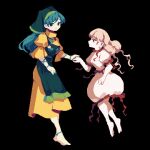  2girls 4qw5 apron black_background blue_hair brown_hair dress ebisu_eika full_body green_apron green_headwear haniyasushin_keiki head_scarf holding_hands jewelry long_hair magatama magatama_necklace multiple_girls necklace pixel_art shirt short_sleeves simple_background single_strap skirt touhou twintails white_shirt white_skirt yellow_dress 