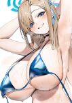  1girl armpits arms_behind_head arms_up asuna_(blue_archive) bikini blue_archive blue_eyes breasts choker hair_over_one_eye hair_ribbon halo highres huge_breasts light_brown_hair long_hair looking_at_viewer mole mole_on_breast poharo ribbon smile solo steam swept_bangs swimsuit teeth upper_body wet white_background 