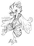  2023 anthro avian beak biped bird breath_of_the_wild clothed clothing english_text feather_hands feathers hi_res krizeros_(artist) looking_at_viewer male monochrome nintendo rito signature solo standing talons tears_of_the_kingdom text the_legend_of_zelda tulin_(tloz) 